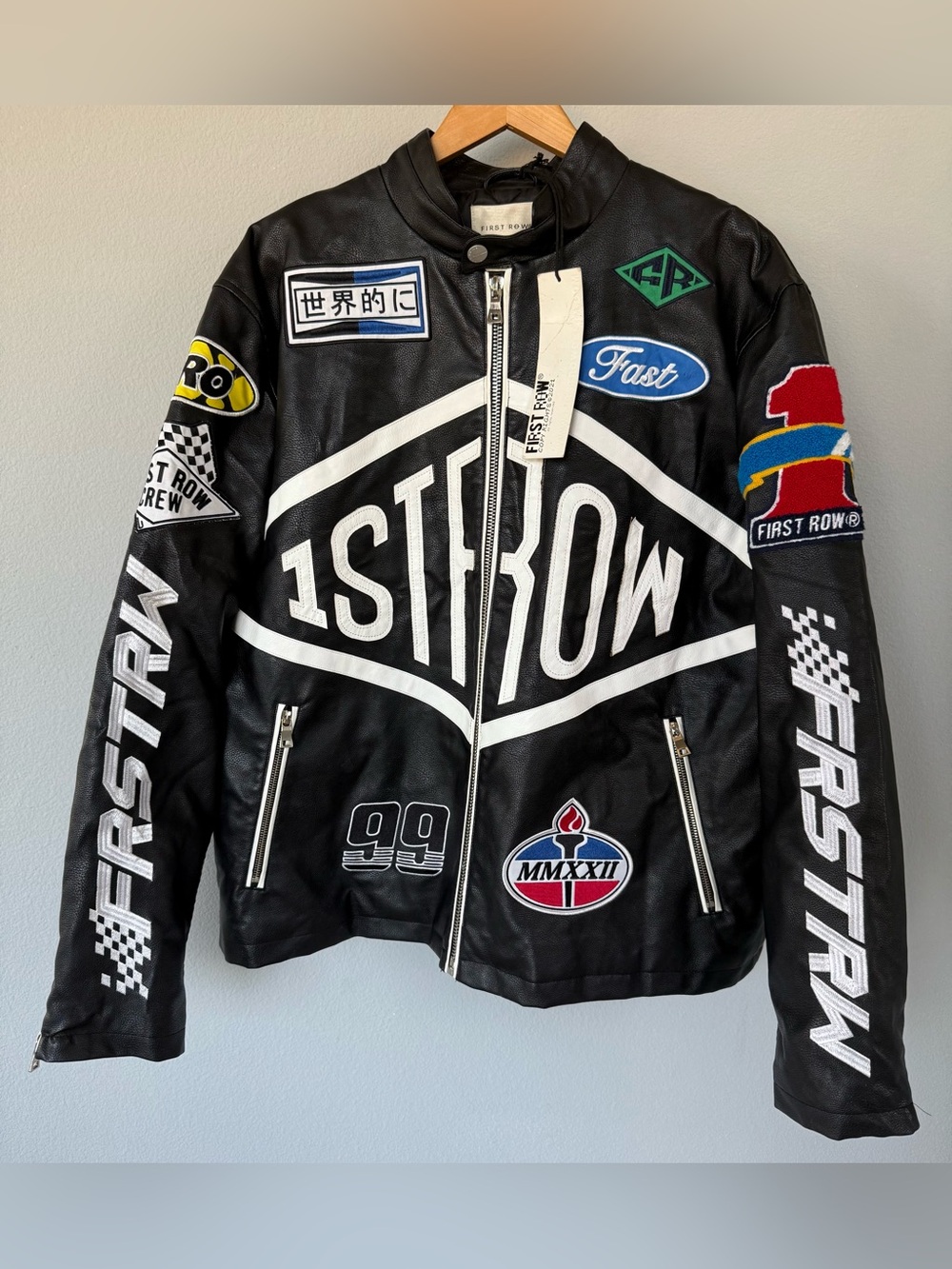 First Row Racing Jacket | Men’s XXL | Faux Leather | Patches | NWT | Streetwear